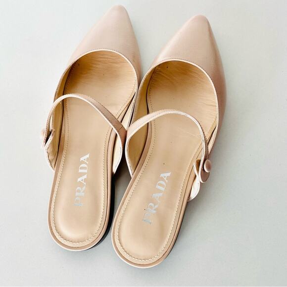 PRADA Nude Cream Beige Patent Leather Strap Pointed Toe Flats Slip On Slides 38 - Picture 4 of 16